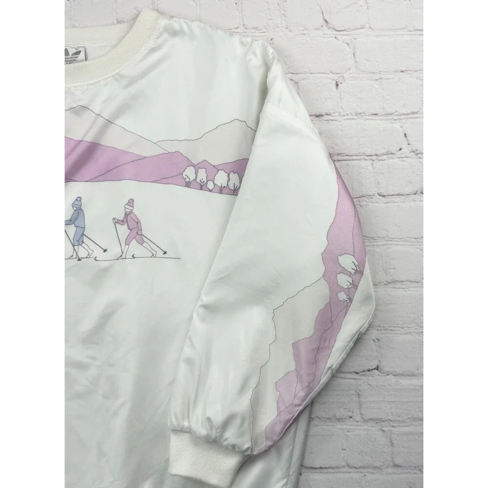 Vintage 80s Adidas AOP Skiing Ski Snow Winter Pink Nylon Sweatshirt Size Large L